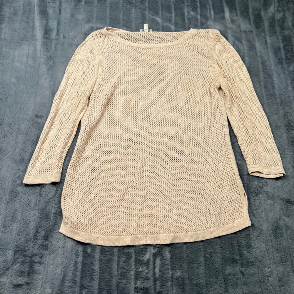 Talbots Womens Beige Open Knit Boat Neck Sweater 3/4 Sleeve Tan Marl Large